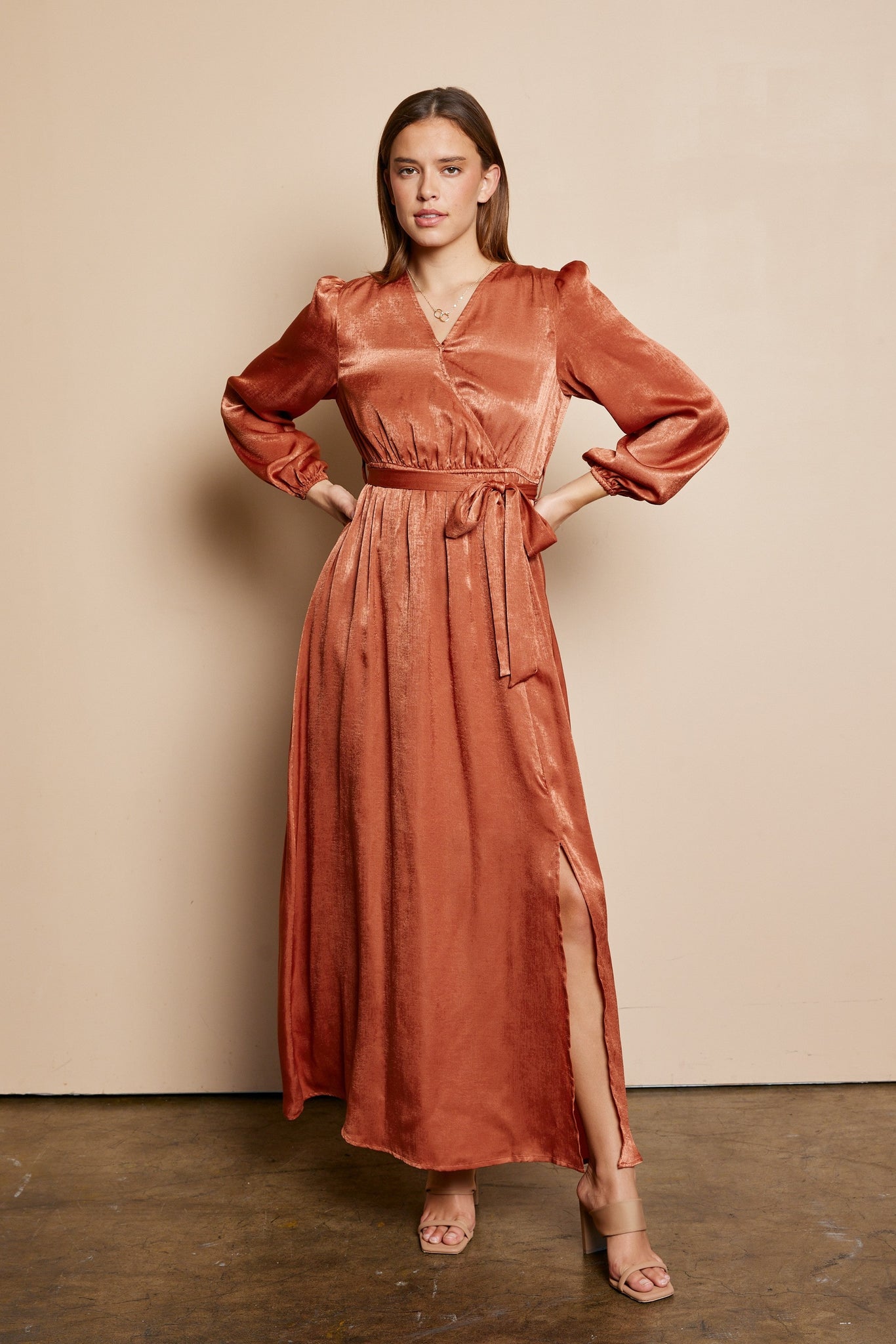 Brushed Satin Faux Wrap Dress Rust / L Brushed Satin Faux Wrap Dress Rust / L