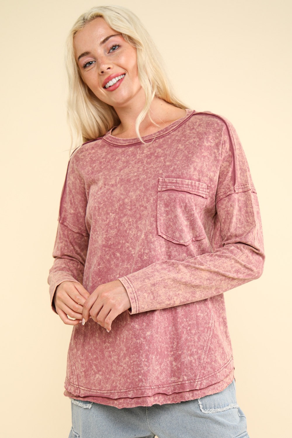 Mineral Wash Knit Long Sleeve Top