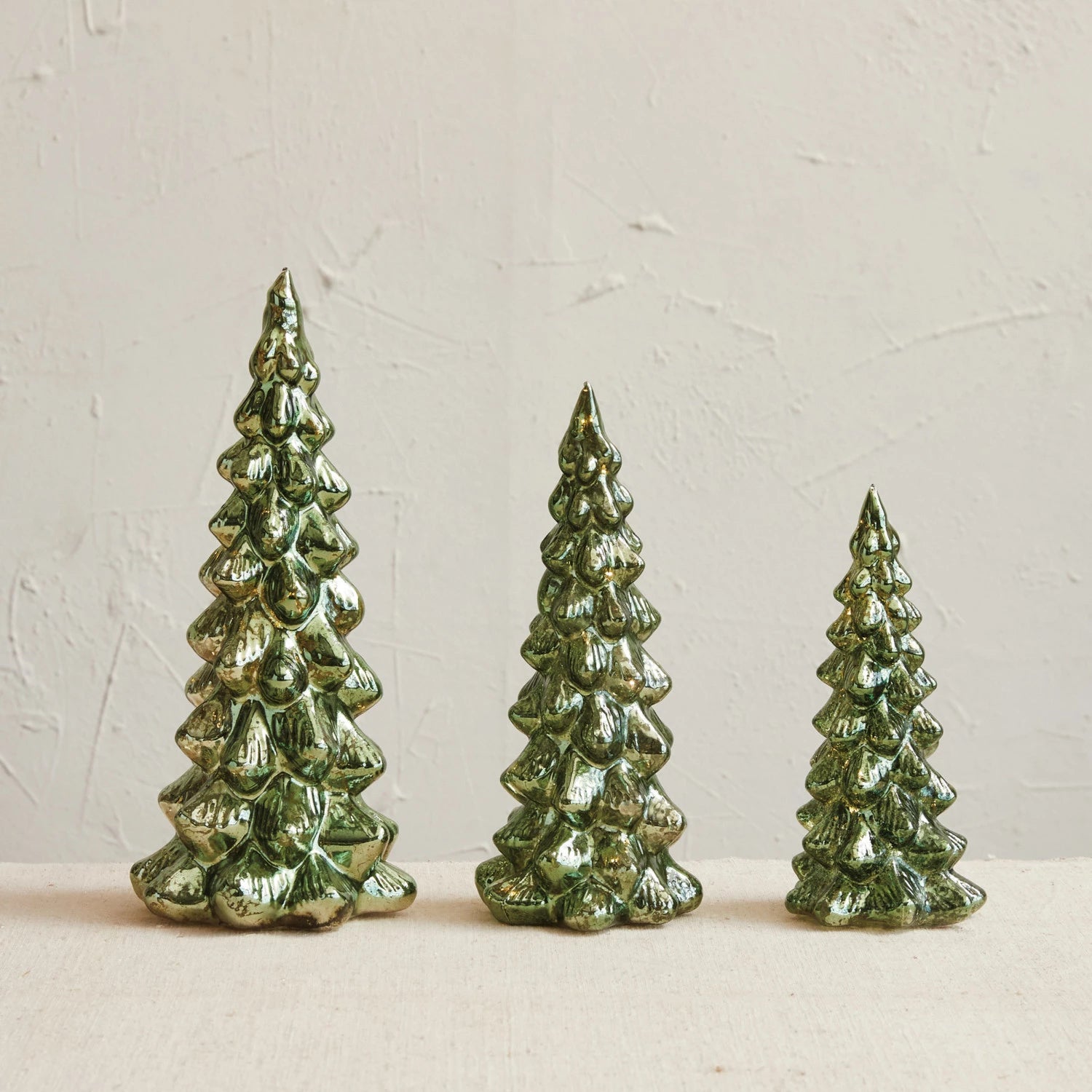 Mercury Glass LED Trees, Green, Set of 3