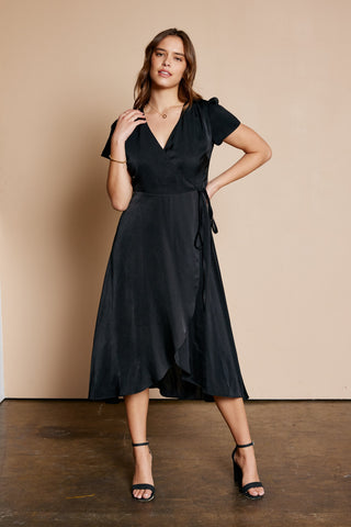 Dull Satin Midi Wrap Dress