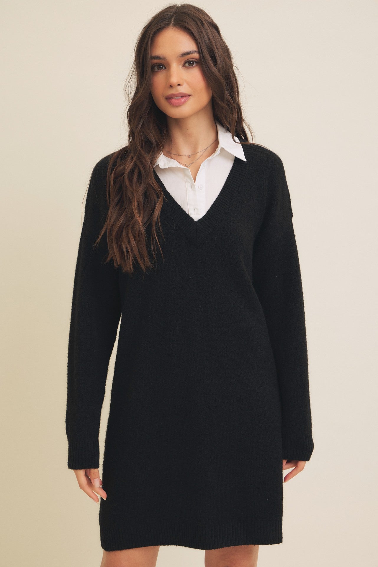 Mixed Media Soft Sweater Shirt Dress