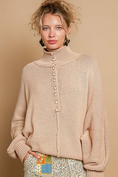 Mock Neck Pearl Button Sweater