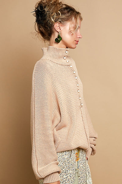 Mock Neck Pearl Button Sweater