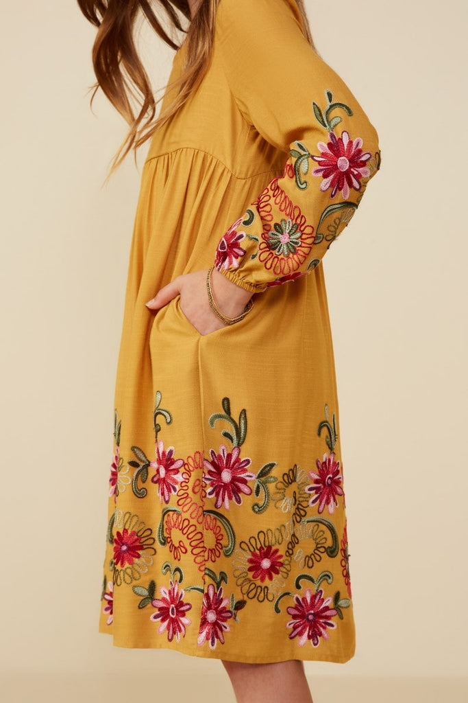 Girls Embroidered Long Sleeve Dress Mustard / L Girls Embroidered Long Sleeve Dress Mustard / L