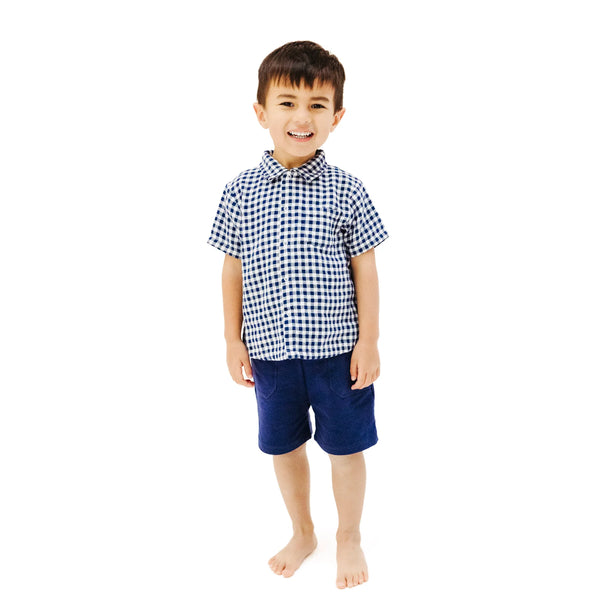 Button Down Muslin Polo with French Terry Short - Navy Gingham - Lulu Bella Boutique