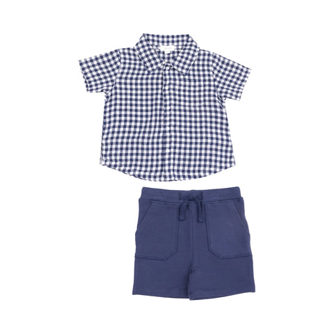 Button Down Muslin Polo with French Terry Short - Navy Gingham - Lulu Bella Boutique