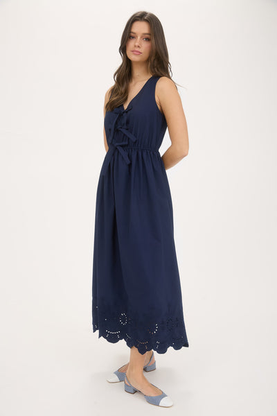 Front Bow Tie Sleeveless Eyelet Hem Midi Dress - Lulu Bella Boutique
