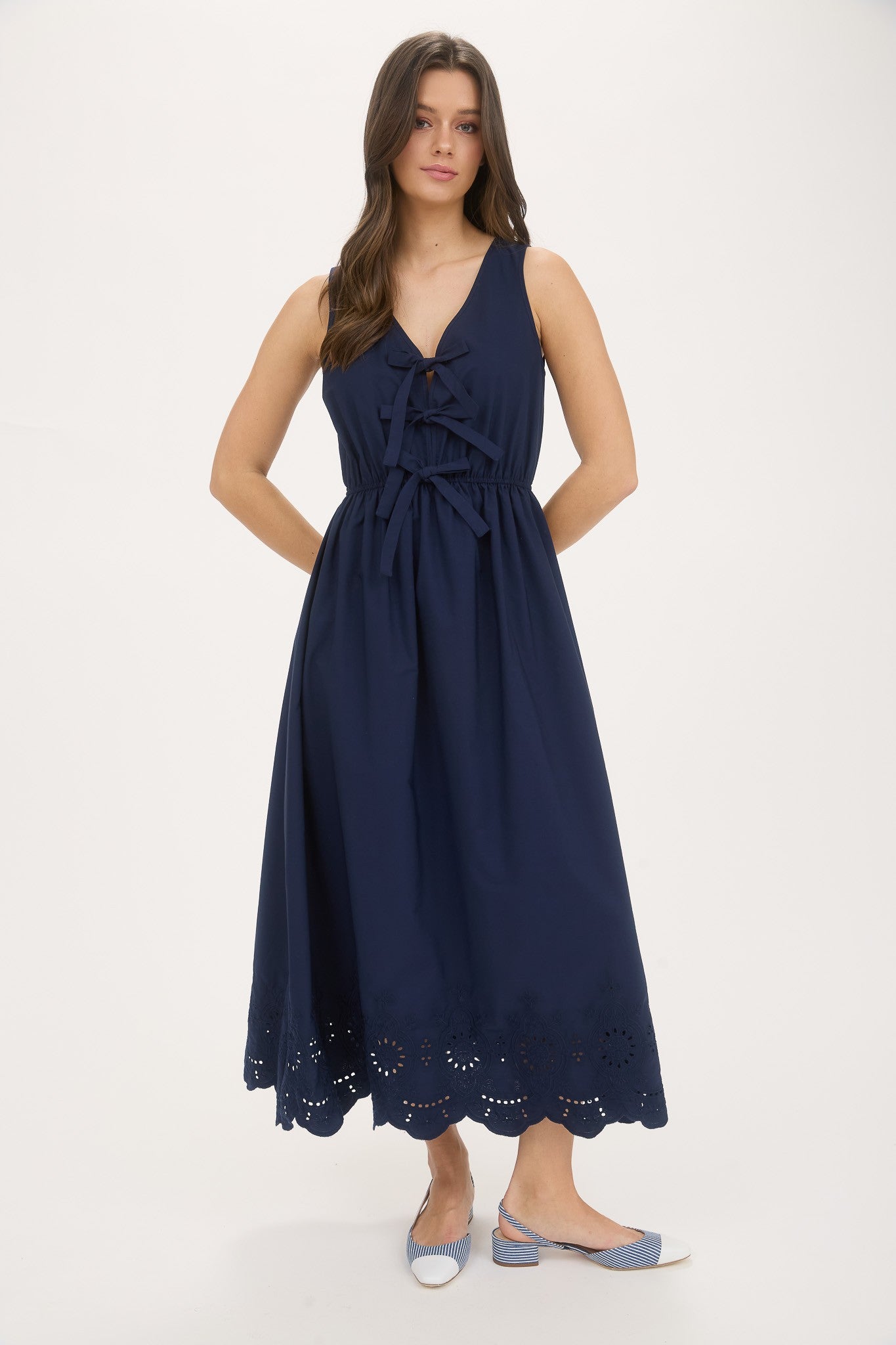 Front Bow Tie Sleeveless Eyelet Hem Midi Dress - Lulu Bella Boutique