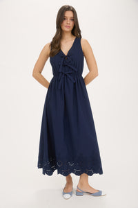 Front Bow Tie Sleeveless Eyelet Hem Midi Dress - Lulu Bella Boutique