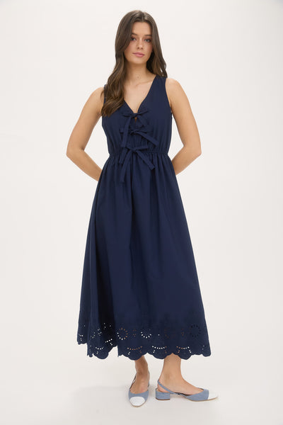 Front Bow Tie Sleeveless Eyelet Hem Midi Dress - Lulu Bella Boutique