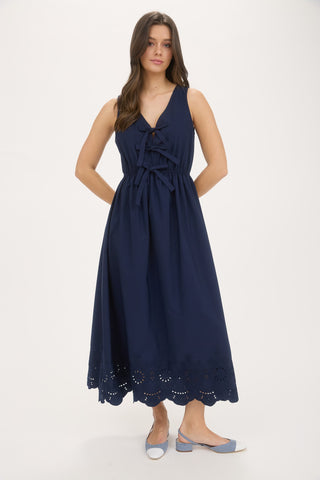 Front Bow Tie Sleeveless Eyelet Hem Midi Dress