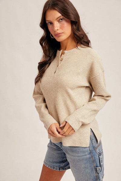Waffle Sweater Button Up Side Slit Knit Top