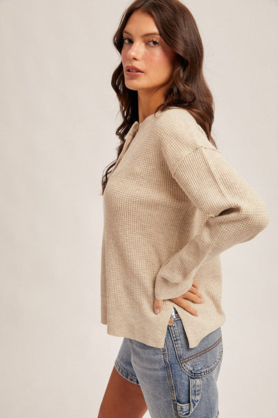 Waffle Sweater Button Up Side Slit Knit Top
