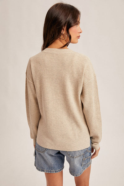 Waffle Sweater Button Up Side Slit Knit Top