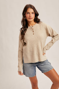 Waffle Sweater Button Up Side Slit Knit Top