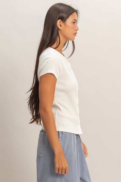 Ribbed Button-front Crew Neck Top - Lulu Bella Boutique