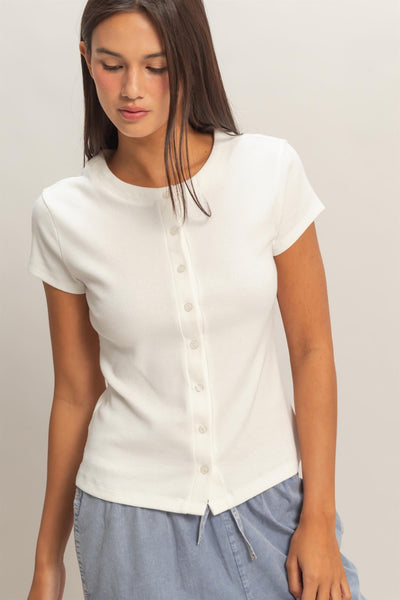 Ribbed Button-front Crew Neck Top - Lulu Bella Boutique