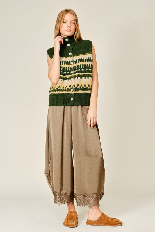 Lace Trim Satin Drawstring Barrel Pants - Lulu Bella Boutique