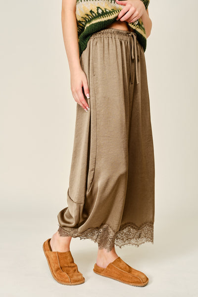 Lace Trim Satin Drawstring Barrel Pants - Lulu Bella Boutique