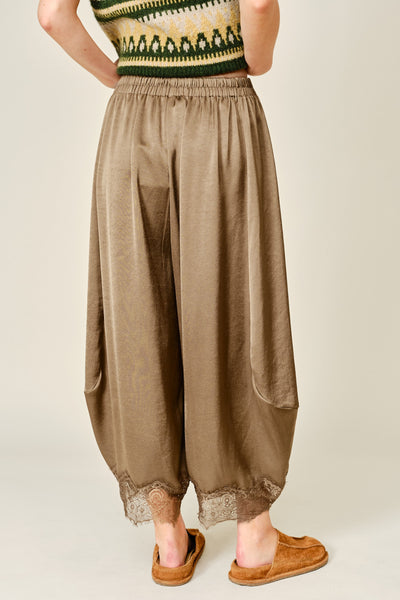 Lace Trim Satin Drawstring Barrel Pants - Lulu Bella Boutique