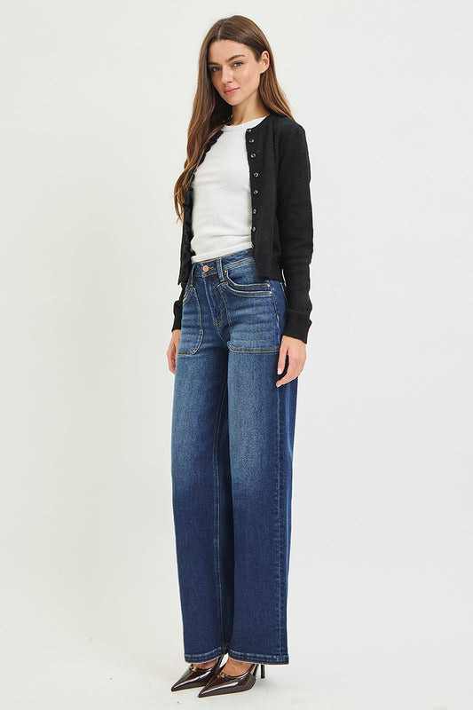 High Rise Wide Leg Jeans With Front Patch Pocket