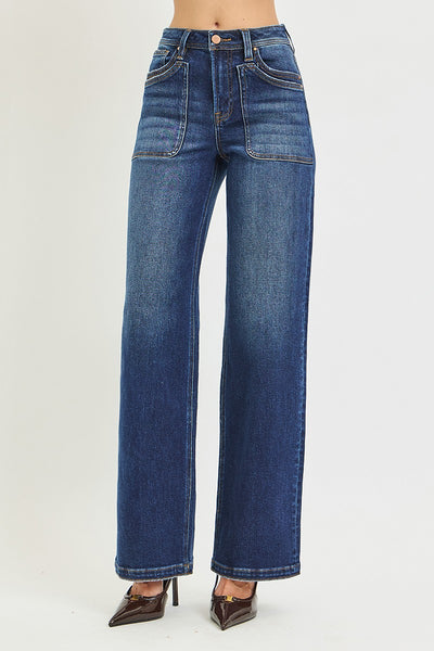 High Rise Wide Leg Jeans With Front Patch Pocket