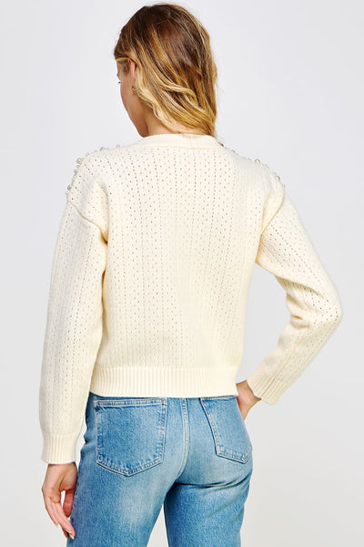 Pearl Studded Eyelet Knit Cardigan Sweater