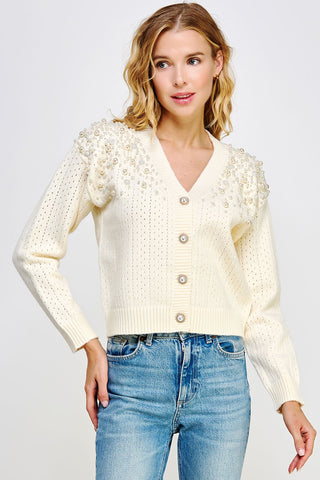 Pearl Studded Eyelet Knit Cardigan Sweater