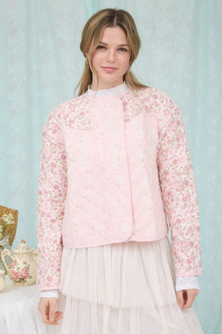 Colorblock Floral Zip-up Quilted Jacket in Pink