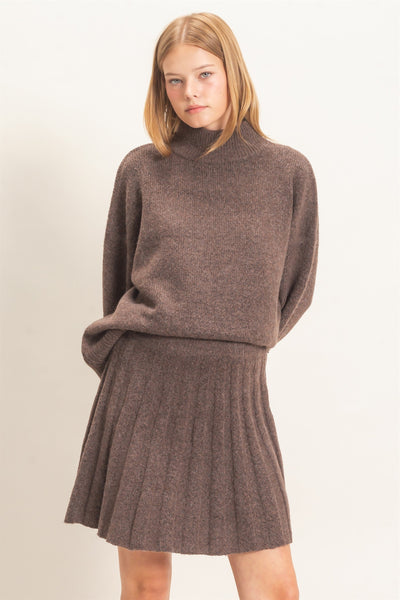 Mock Neck Sweater And Pleated Skirt Set