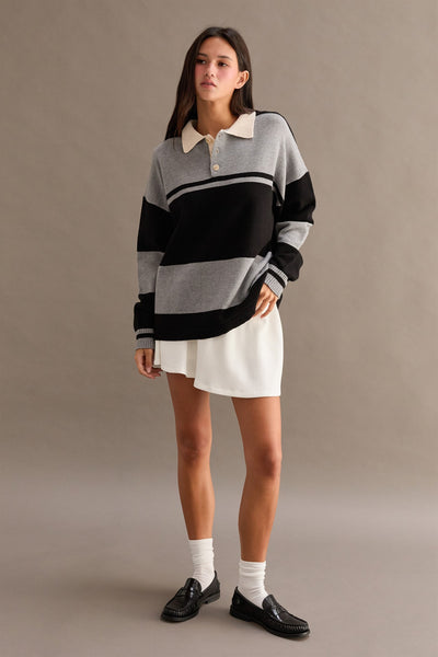 Contrasting Striped Sweater With Polo Collar