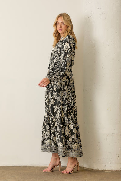 Floral V-Neck Maxi Dress with Tassels