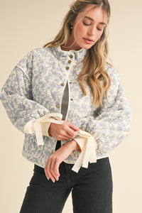 Floral Quilted Jacket With Bow Tie Detail