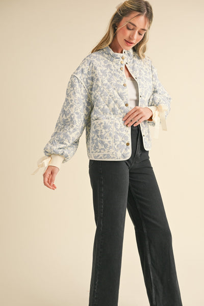 Floral Quilted Jacket With Bow Tie Detail