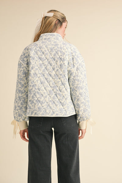 Floral Quilted Jacket With Bow Tie Detail