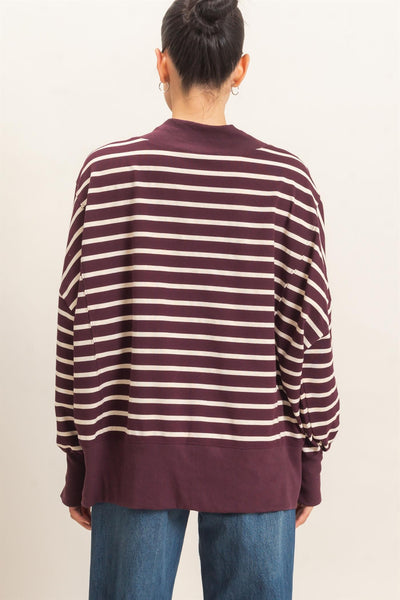 Striped Mock Neck Sweatshirt in Raspberry