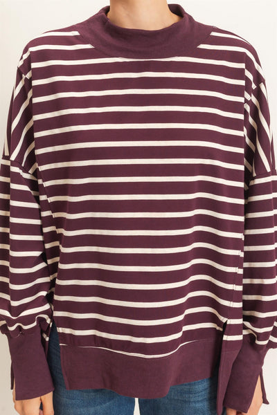 Striped Mock Neck Sweatshirt in Raspberry
