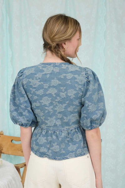 Rose Pattern Front Tie Puff Sleeve Denim Top - Lulu Bella Boutique