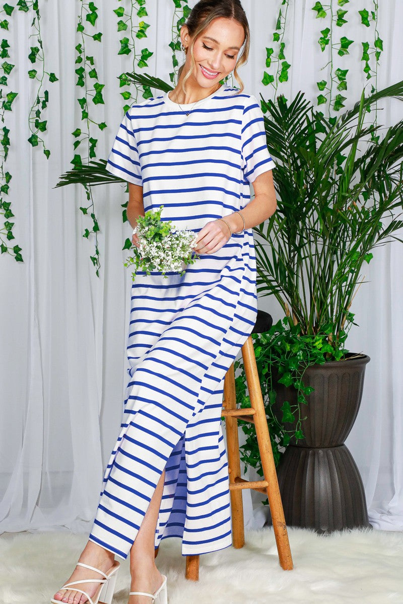 Crew Neck Short Sleeve Striped Maxi Dress