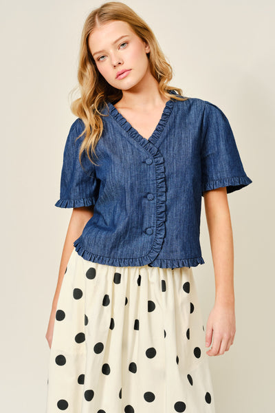 Ruffle Edge V Neck Short Sleeve Denim Jacket - Lulu Bella Boutique