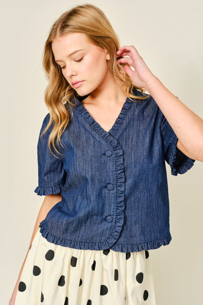 Ruffle Edge V Neck Short Sleeve Denim Jacket - Lulu Bella Boutique