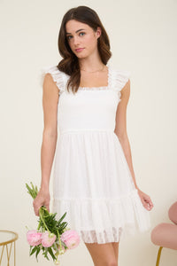 Polka Dot Chiffon Smocked Ruffle Detail Mini Dress