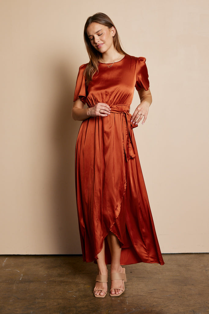 rust silk wrap dress Rust Silk Satin Wrap Maxi Dress for Bridesmaids, Elegant Backless Summer Gown