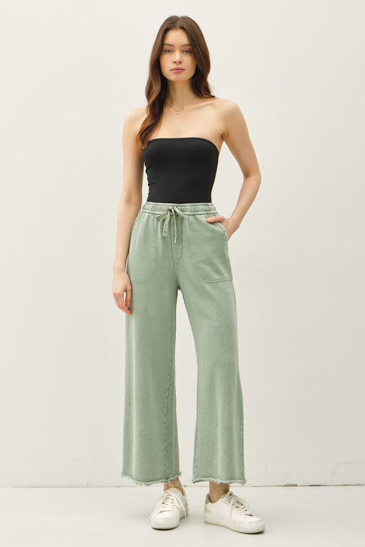 Garment-dye Cotton Fleece Wide Leg Crop Pants