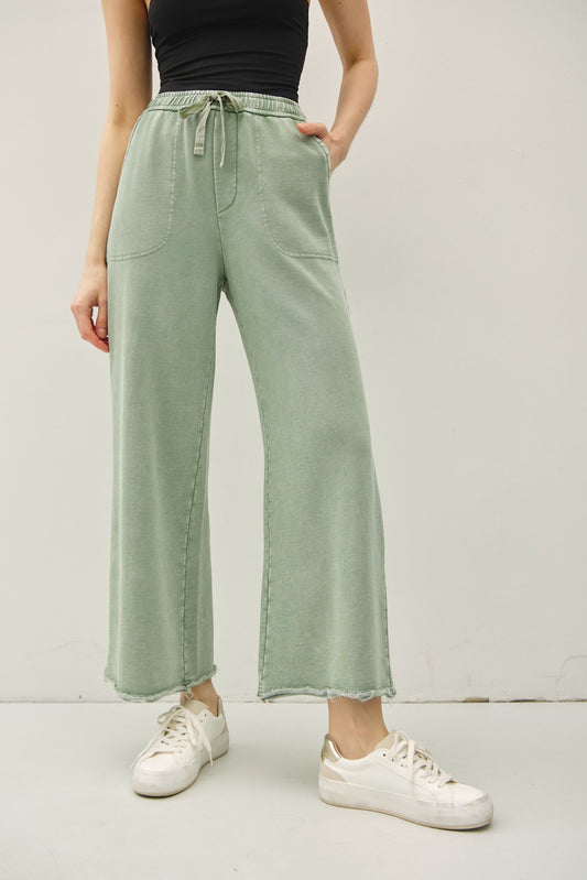 Garment-dye Cotton Fleece Wide Leg Crop Pants