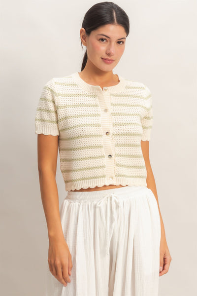 Striped Short Sleeve Cardigan With Scallop Edge - Lulu Bella Boutique