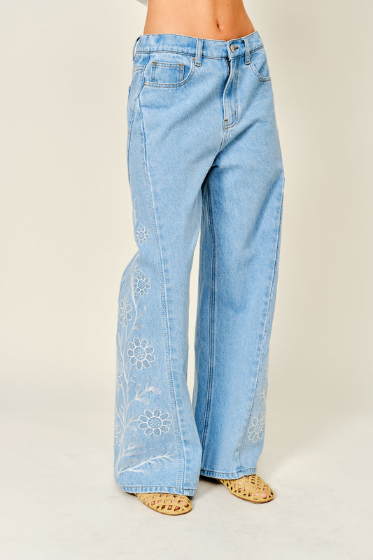 Side Embroidered Wide Denim Pants