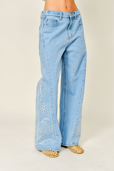 Side Embroidered Wide Denim Pants