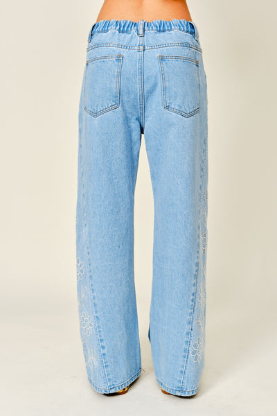 Side Embroidered Wide Denim Pants