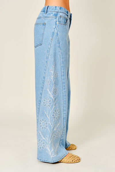Side Embroidered Wide Denim Pants